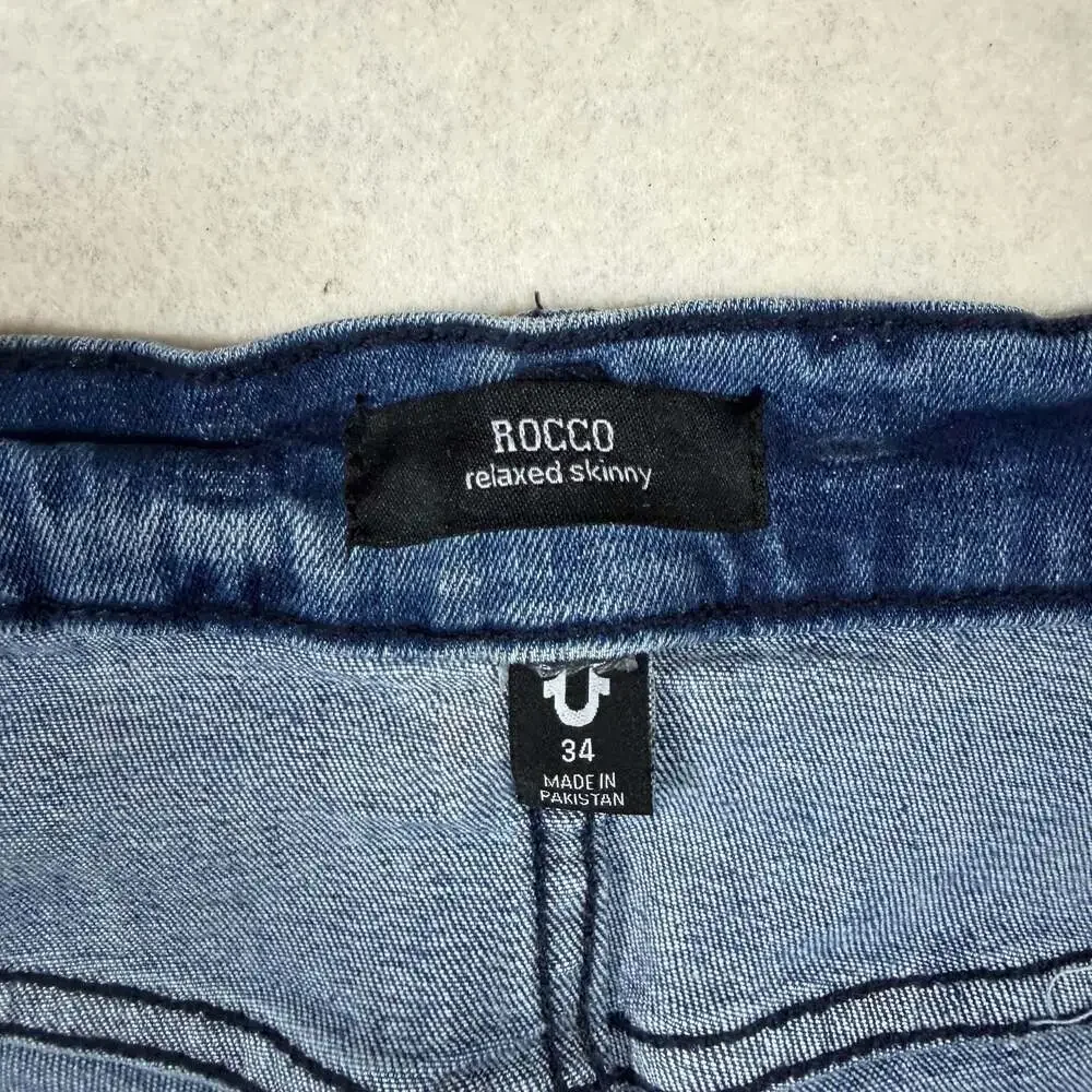 True Religion Jeans Mens 34 (Fits 34x33) Blue Rocco Skinny Moto Biker Denim
